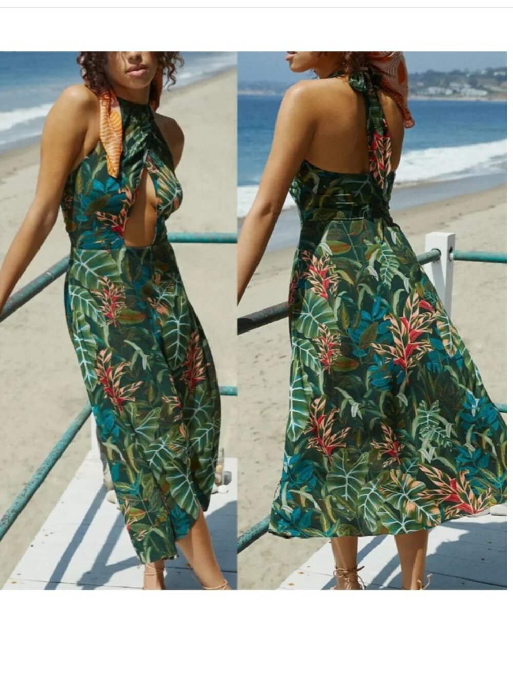 FARM Rio Anthropologie Foliage Jungle Green Cut Out Halter Cover-Up Midi Dress M - Picture 2 of 14